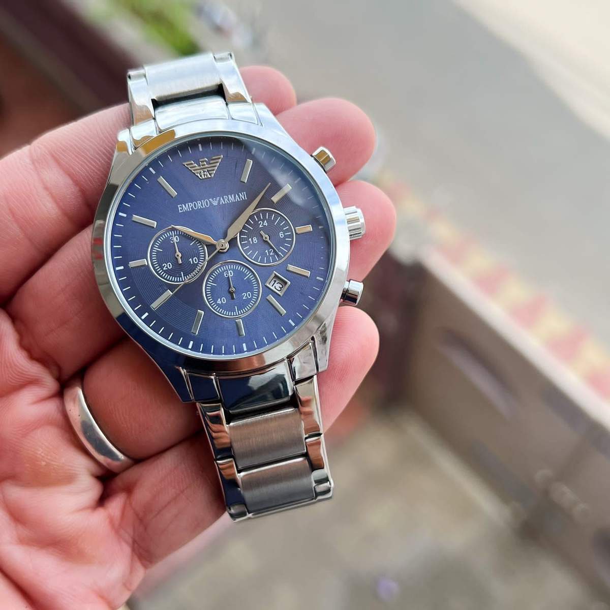 Armani Ar 2453 Silver &Amp; Blue Watch β TrendsWrist