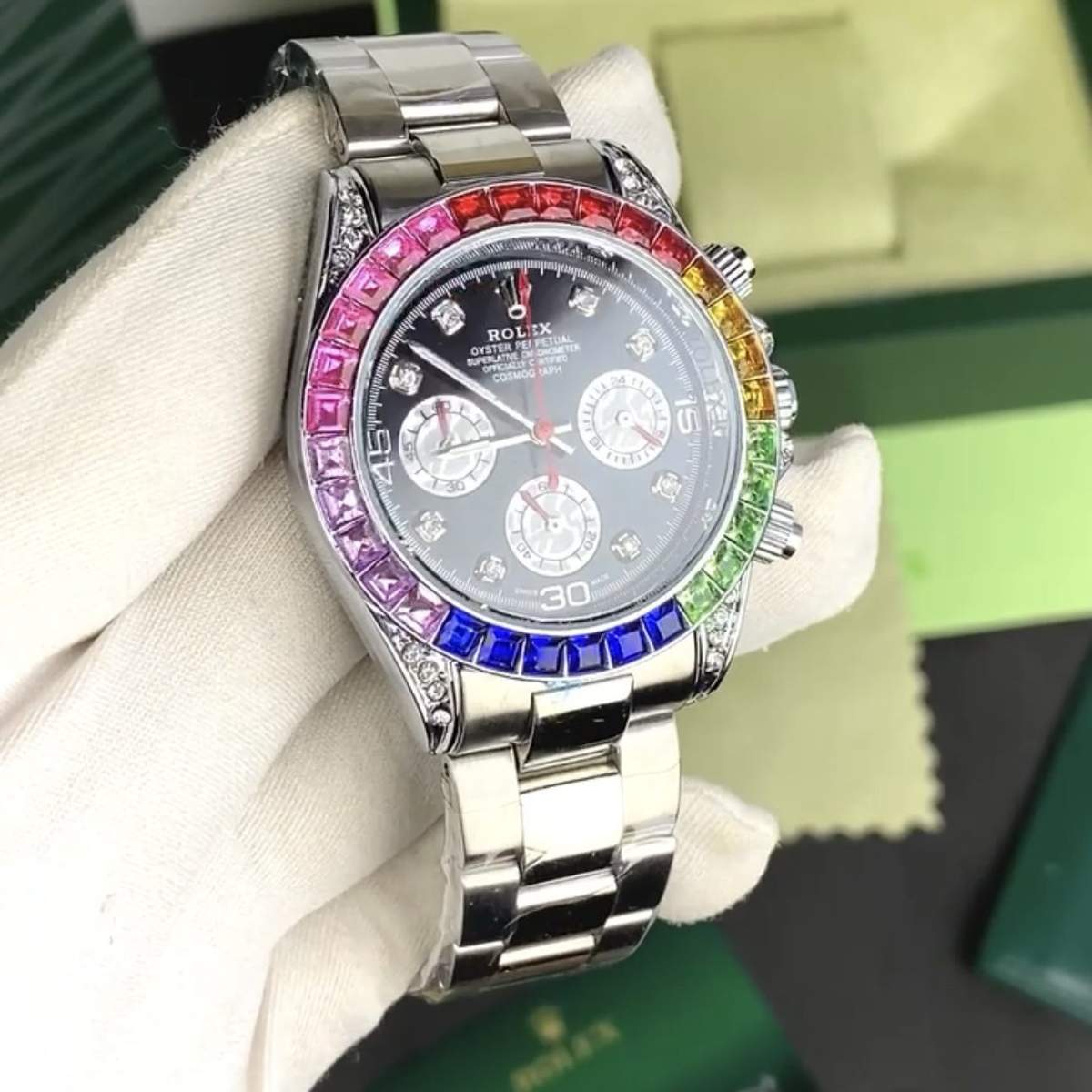 Rolex Rainbow Daytona Silver Watch – TrendsWrist